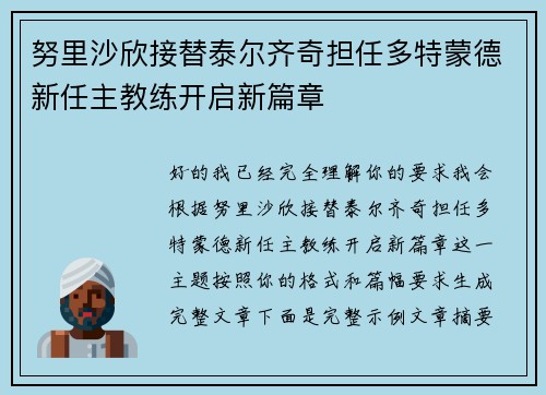 努里沙欣接替泰尔齐奇担任多特蒙德新任主教练开启新篇章
