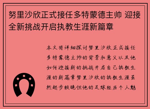 努里沙欣正式接任多特蒙德主帅 迎接全新挑战开启执教生涯新篇章